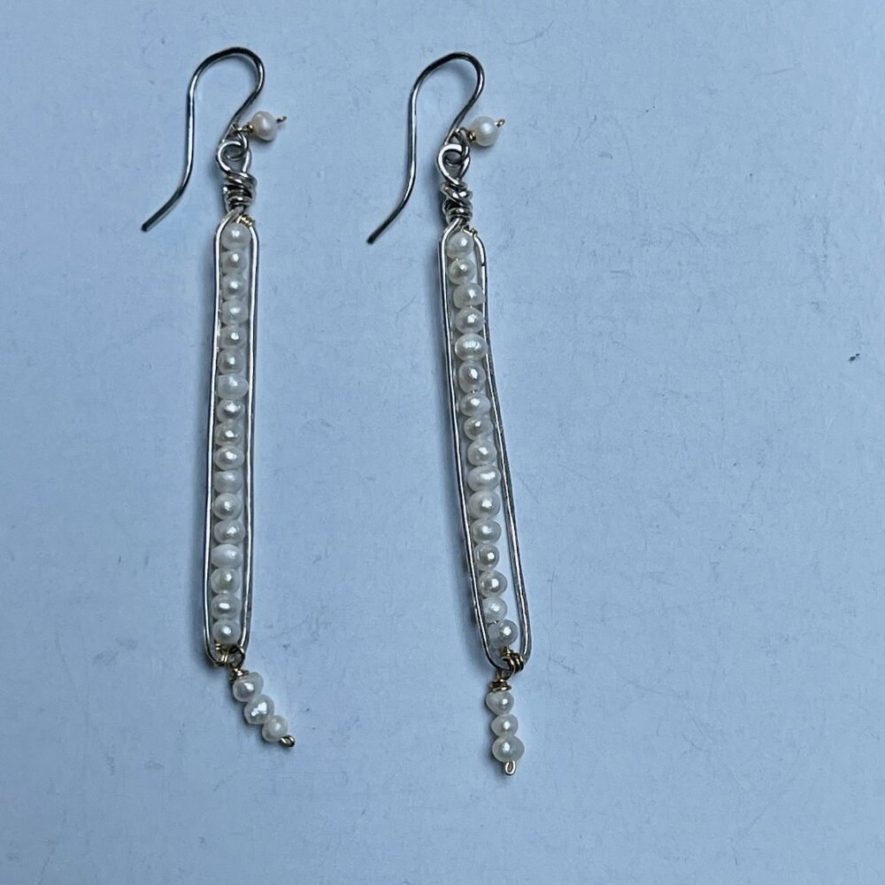 White Pearl Seed Beadโ Dangle Stick Earrings Handmade Boho Chic Dainty Gift